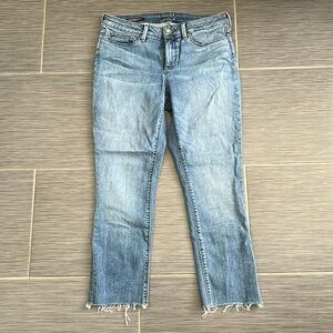 NYDJ Women’s‎ Mid Rise Medium Wash Parker Slim Jeans Sz 8 Crop Stretch Raw Hem